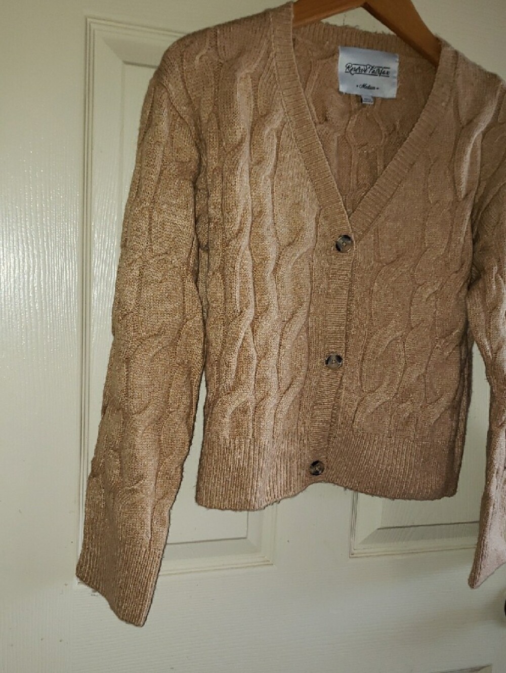 Reserve Fairfax Tan Cable-Knit V-Neck Button Cardigan - Picture 6 of 9